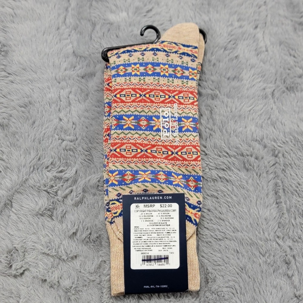 Polo Ralph Lauren Socks Mens 10-13 Tan Fair Isle Knit Winter Dress Mid Calf - Picture 3 of 5